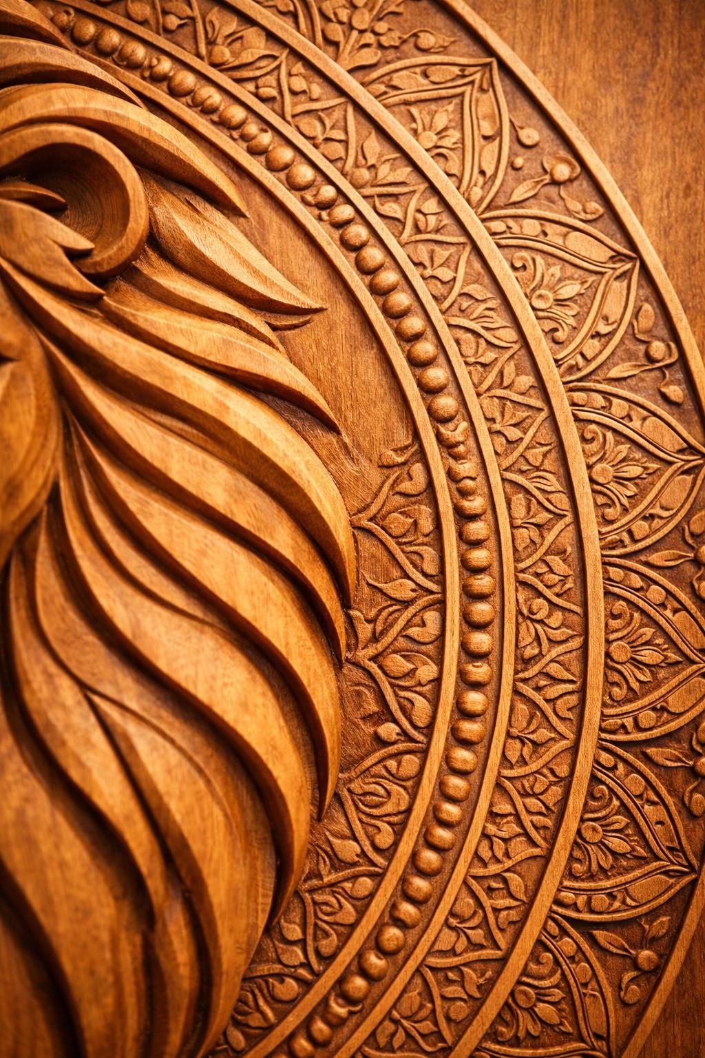 Boho Lion Wall Art Panel - Hand Carved Teak