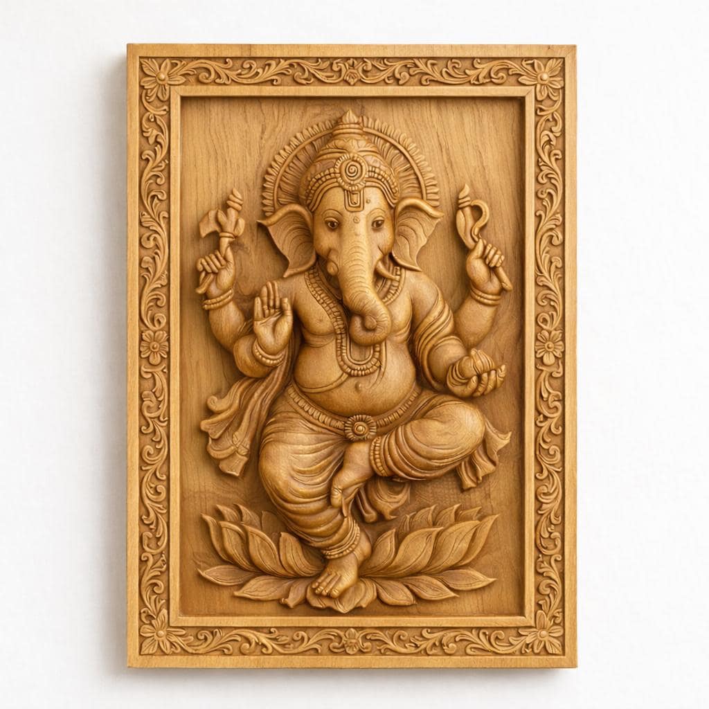 Wooden Ganesha Wall Panel - Dancing Hindu Art Decor
