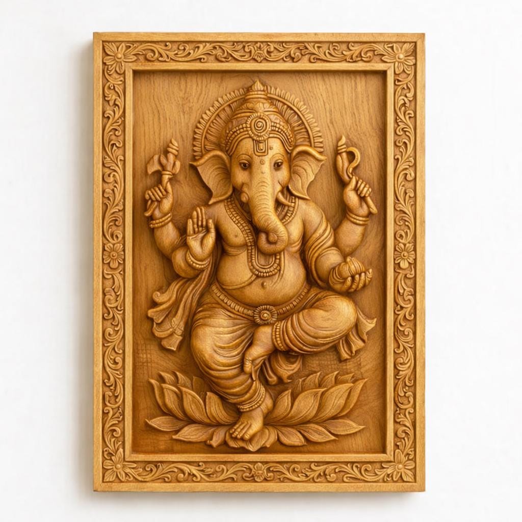 Wooden Ganesha Wall Panel - Dancing Hindu Art Decor