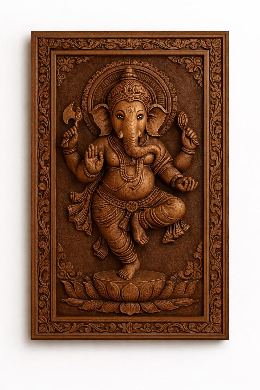 Wooden Ganesha Wall Panel - Dancing Hindu Art Decor