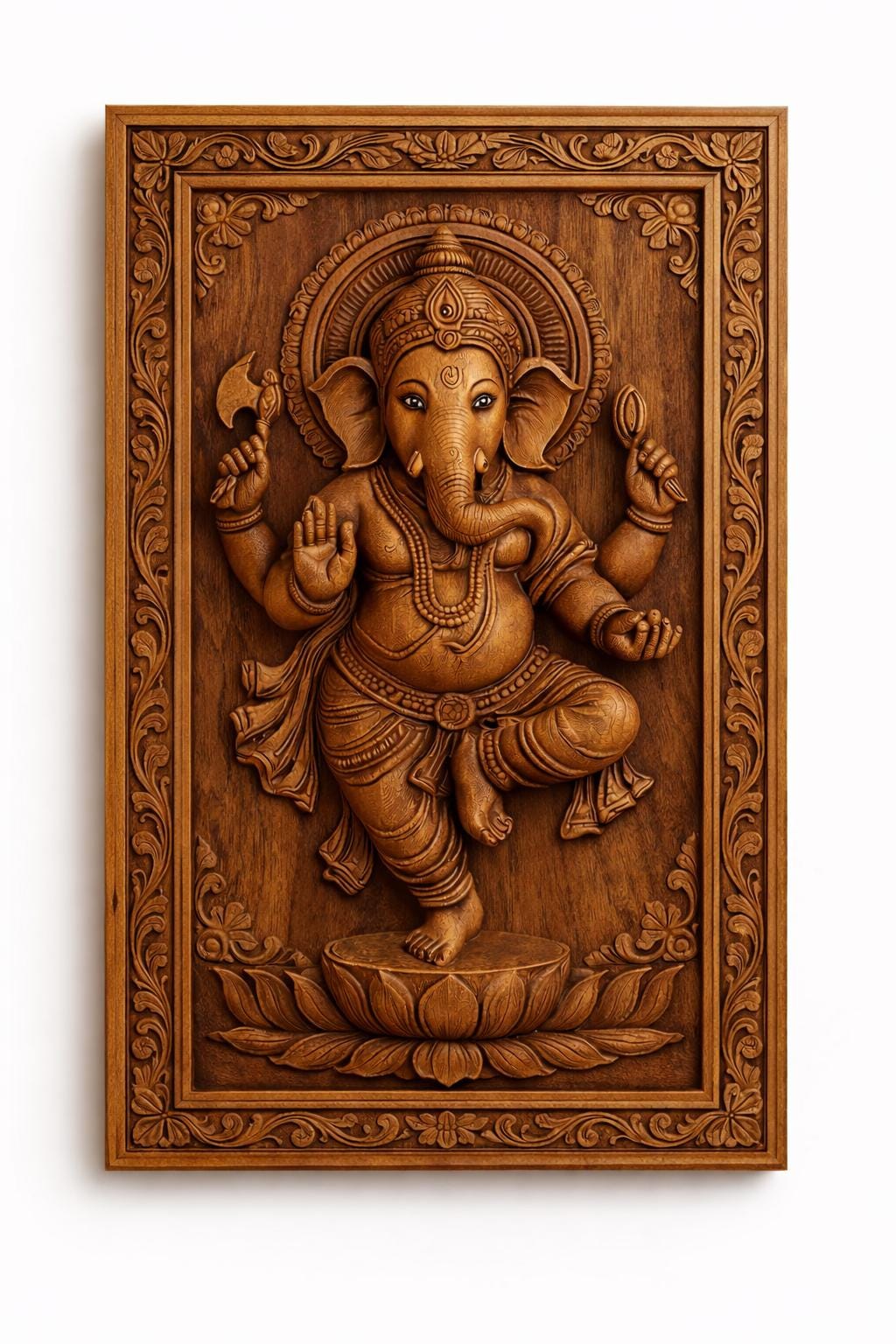 Wooden Ganesha Wall Panel - Dancing Hindu Art Decor