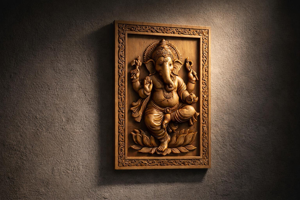 Wooden Ganesha Wall Panel - Dancing Hindu Art Decor