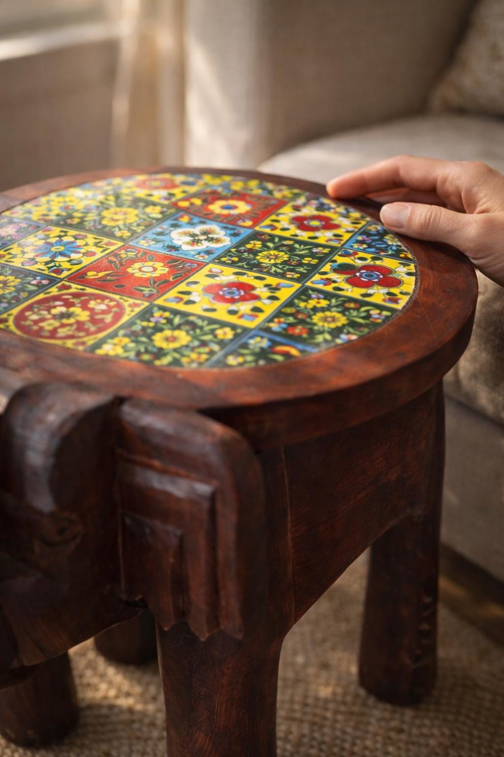 Elephant Side Table - Colorful Tile Top