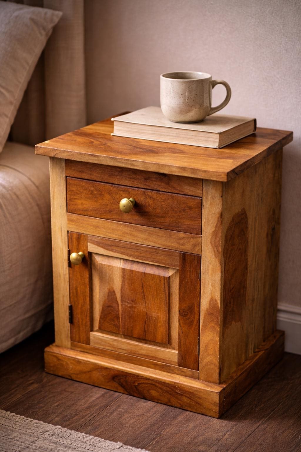 Mango Wood Nightstand - Drawer & Cabinet