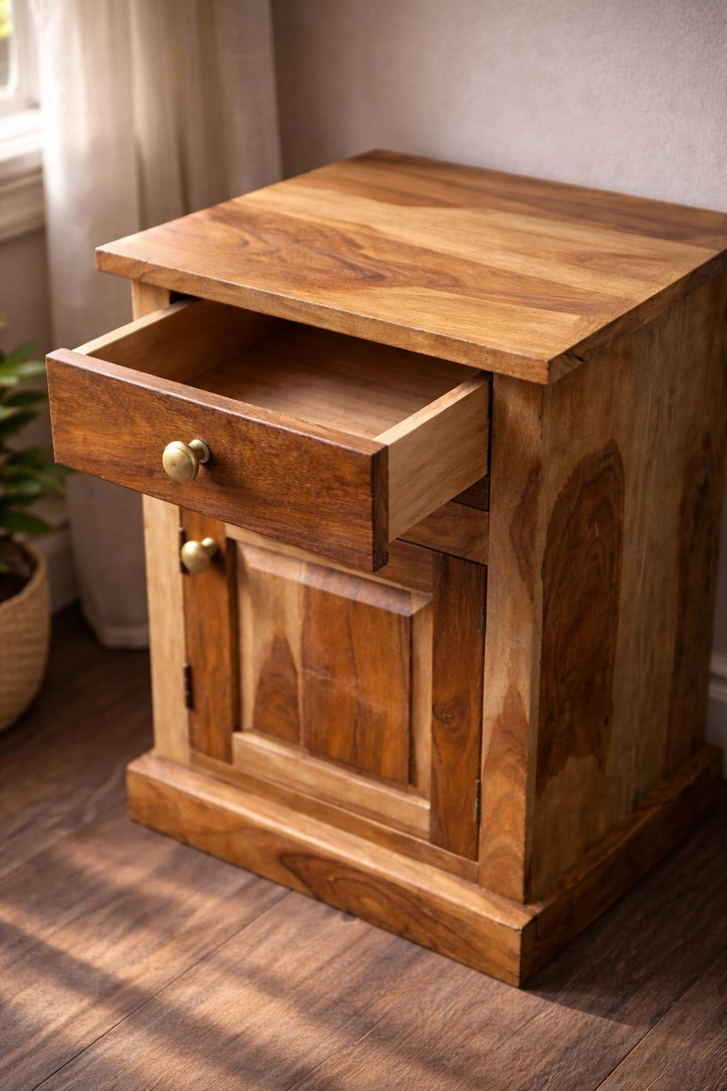 Mango Wood Nightstand - Drawer & Cabinet