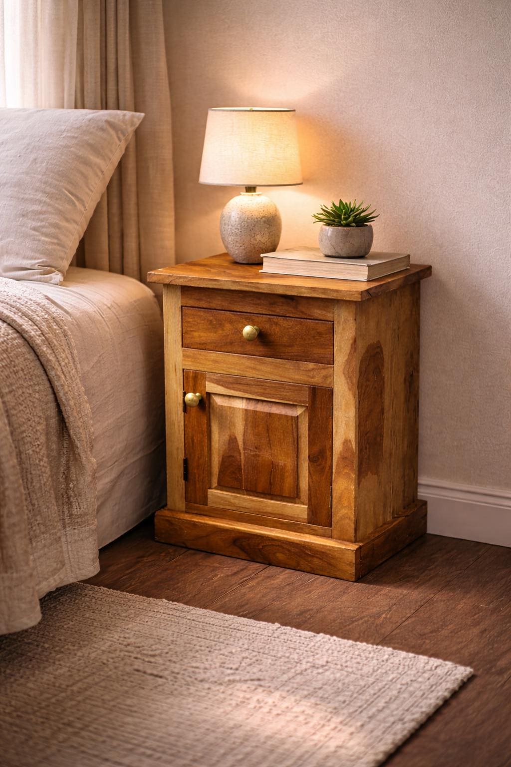 Mango Wood Nightstand - Drawer & Cabinet
