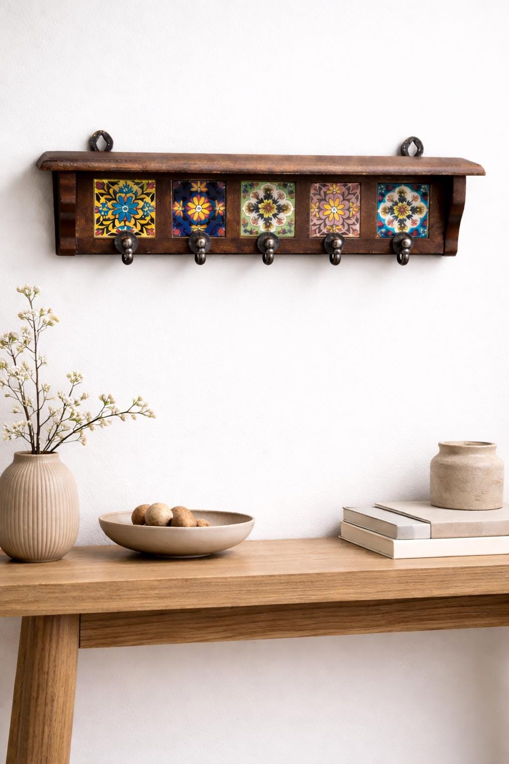 Solid Wood Key Holder - Hand-Painted Tiles