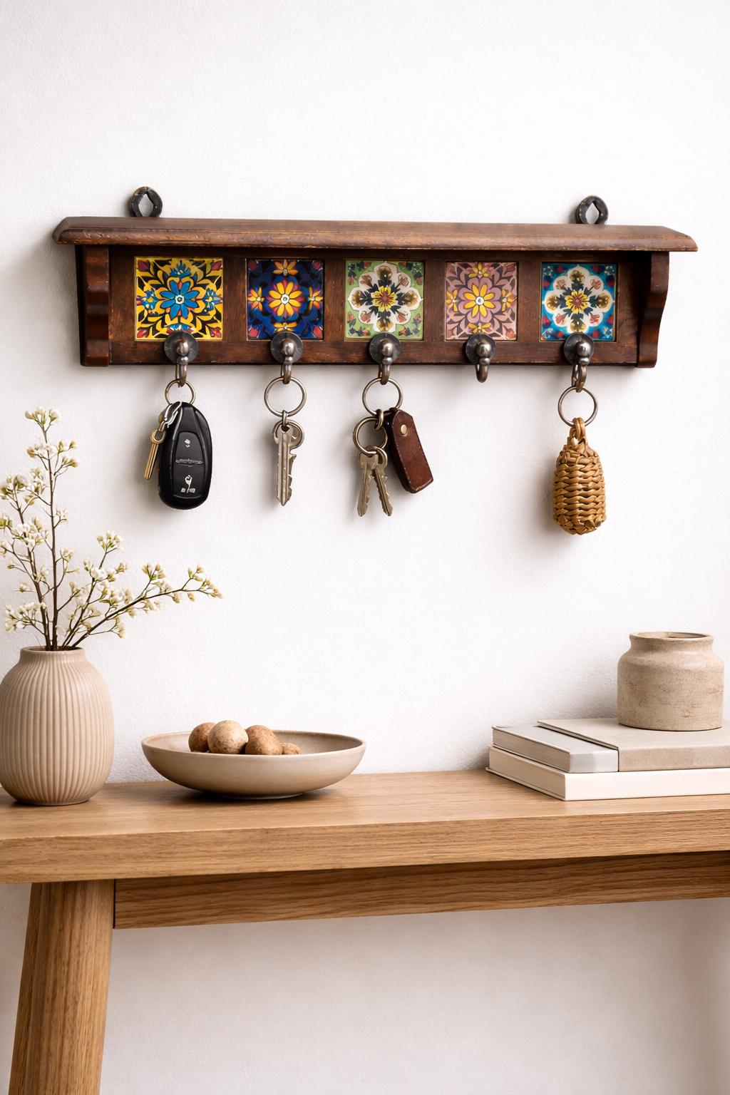 Solid Wood Key Holder - Hand-Painted Tiles
