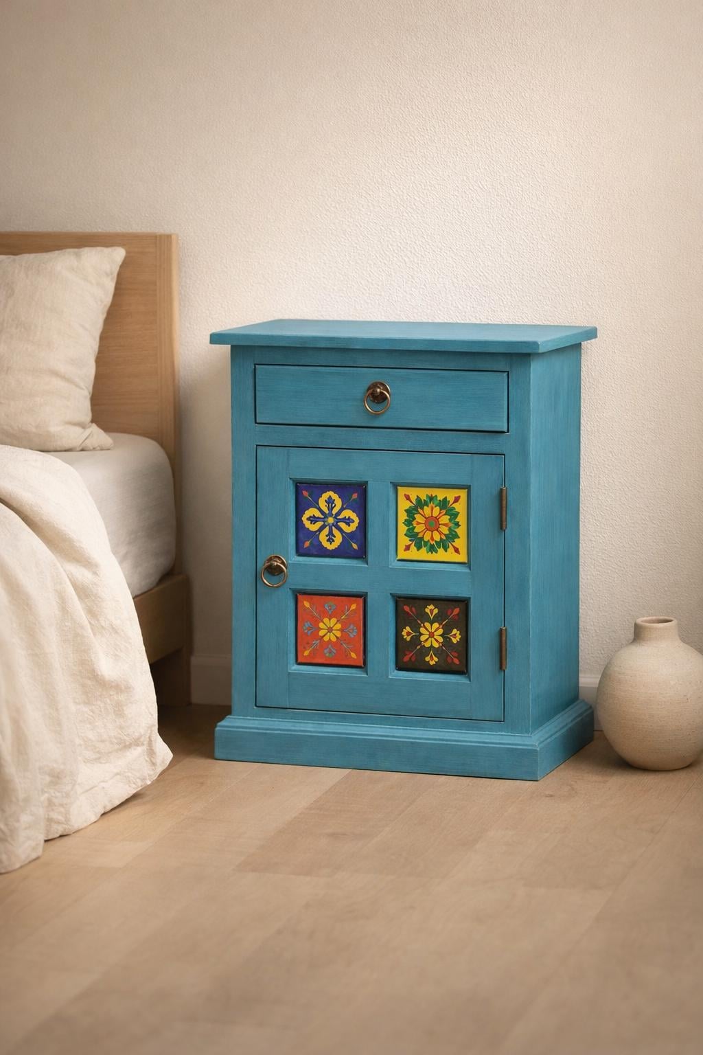 Solid Wood Nightstand - Hand-Painted Tiles