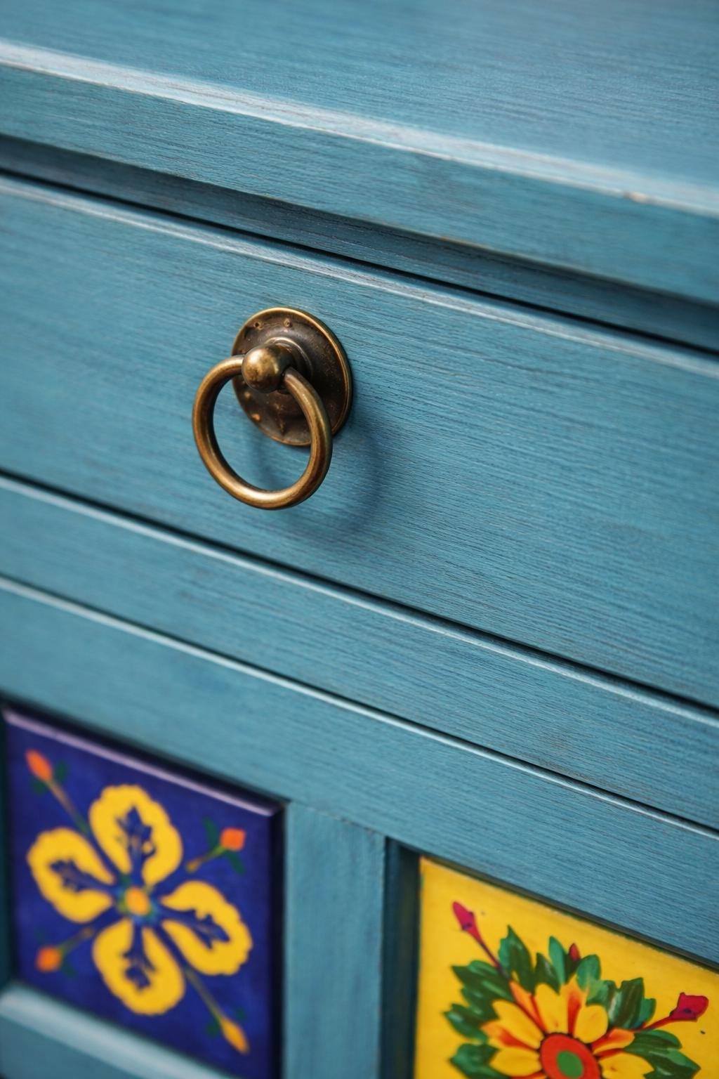 Solid Wood Nightstand - Hand-Painted Tiles