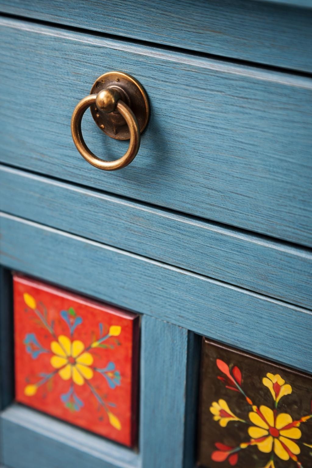Solid Wood Nightstand - Hand-Painted Tiles