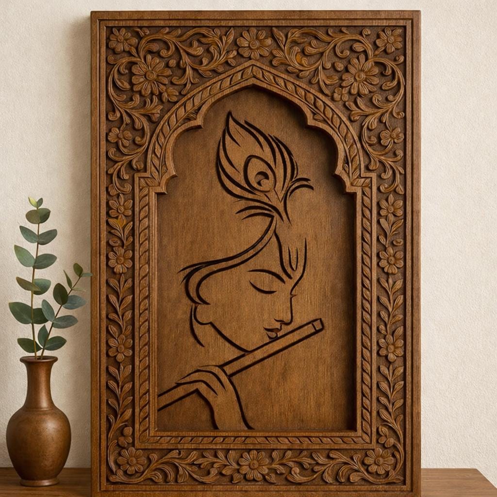 Teak Wood Krishna Wall Art | Minimalist Mandir Decor