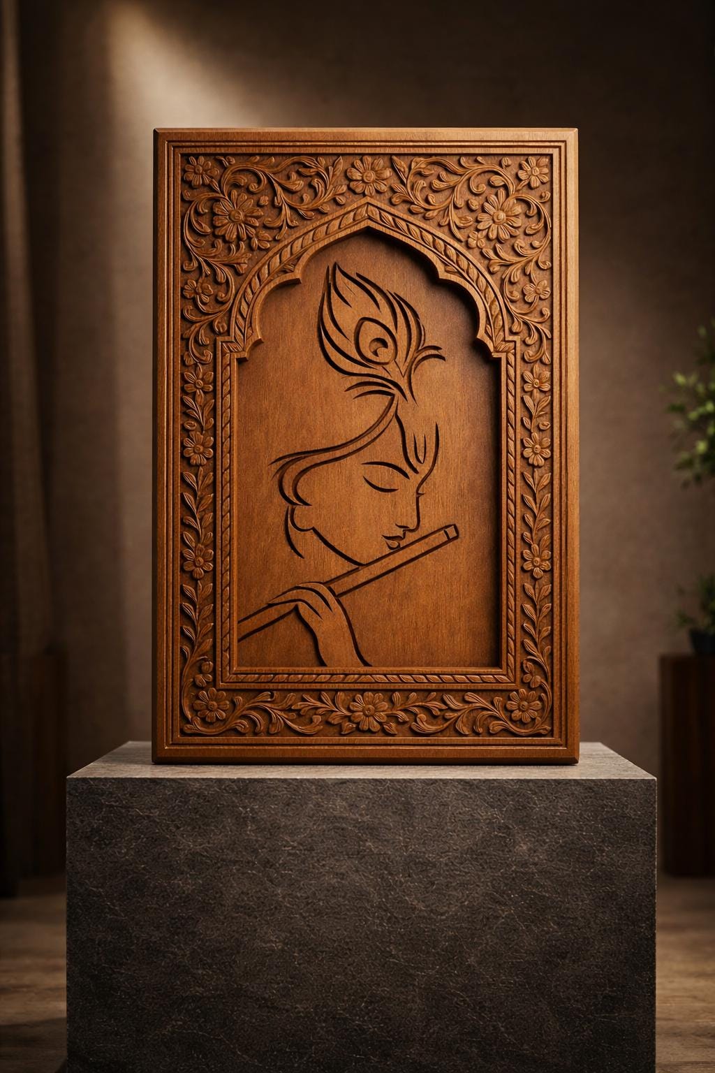 Teak Wood Krishna Wall Art | Minimalist Mandir Decor