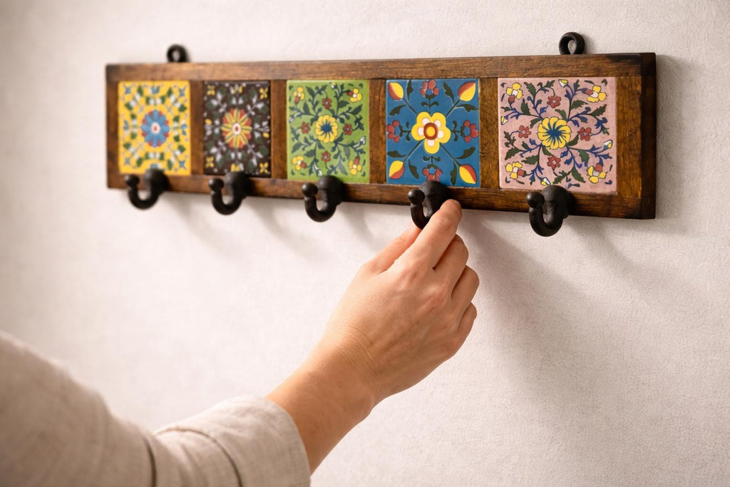 Hand-Painted Ceramic Wall Hook - 5 Hook Key Rack