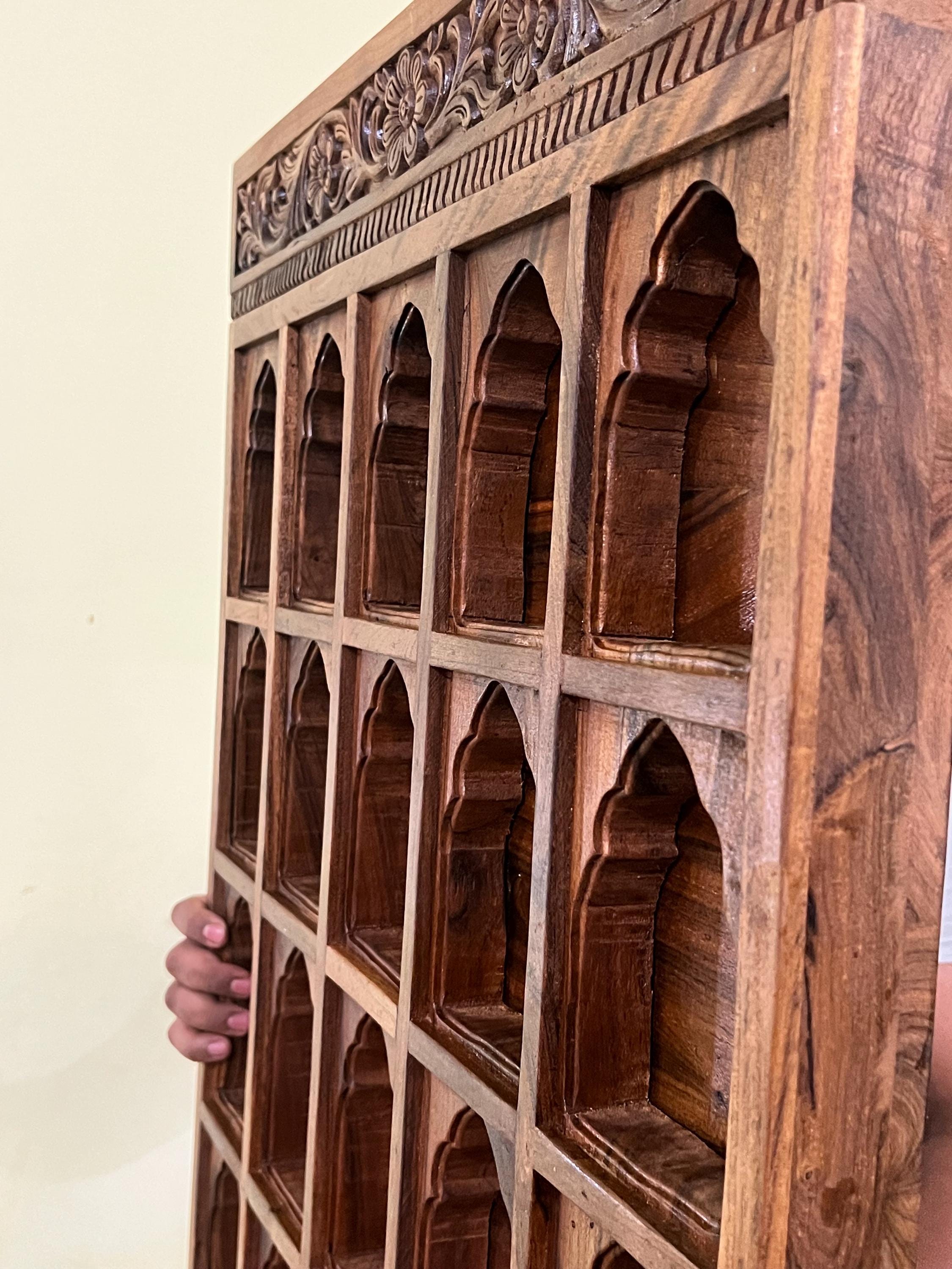 Hand Carved Teak Wood Wall Panel | Royal Jharokha Niche Shelf Decor