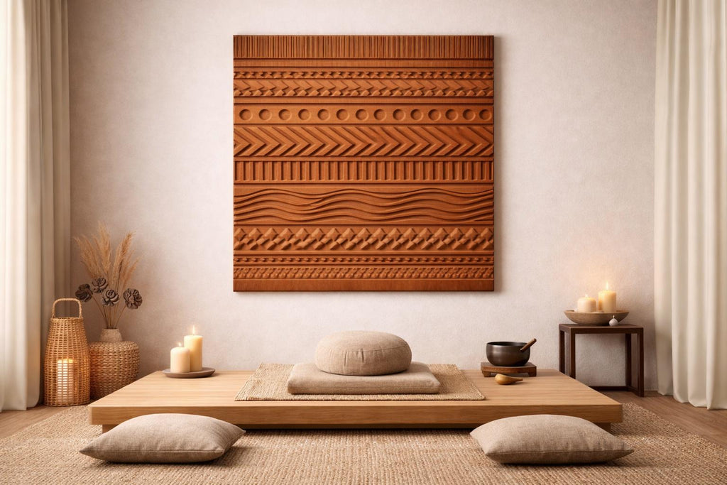 Hand Carved Geometric Wooden Wall Panel