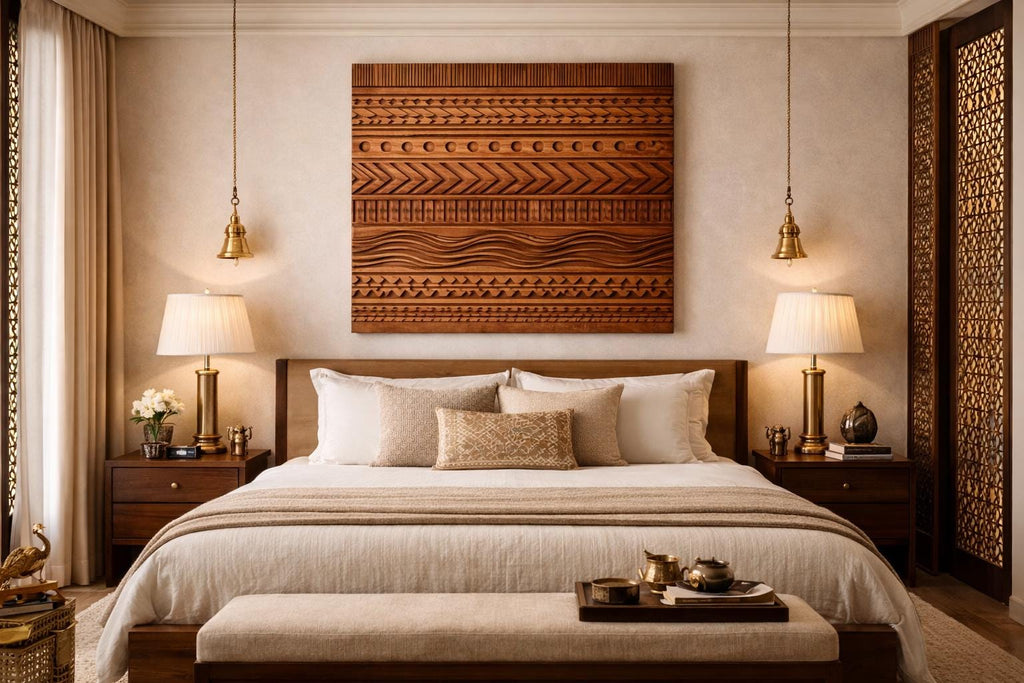 Hand Carved Geometric Wooden Wall Panel