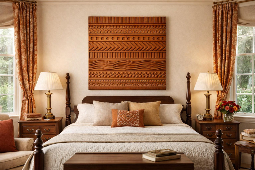 Hand Carved Geometric Wooden Wall Panel