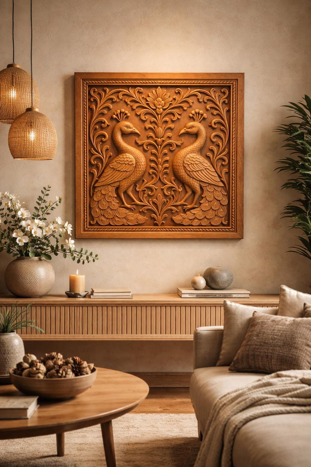 Peacock Mandala Wall Art - Golden Line Panel