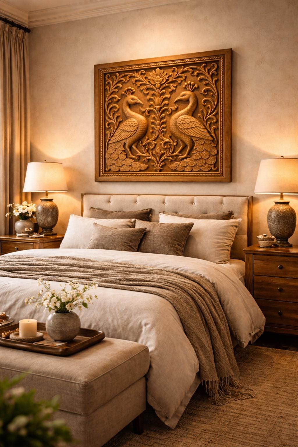 Peacock Mandala Wall Art - Golden Line Panel