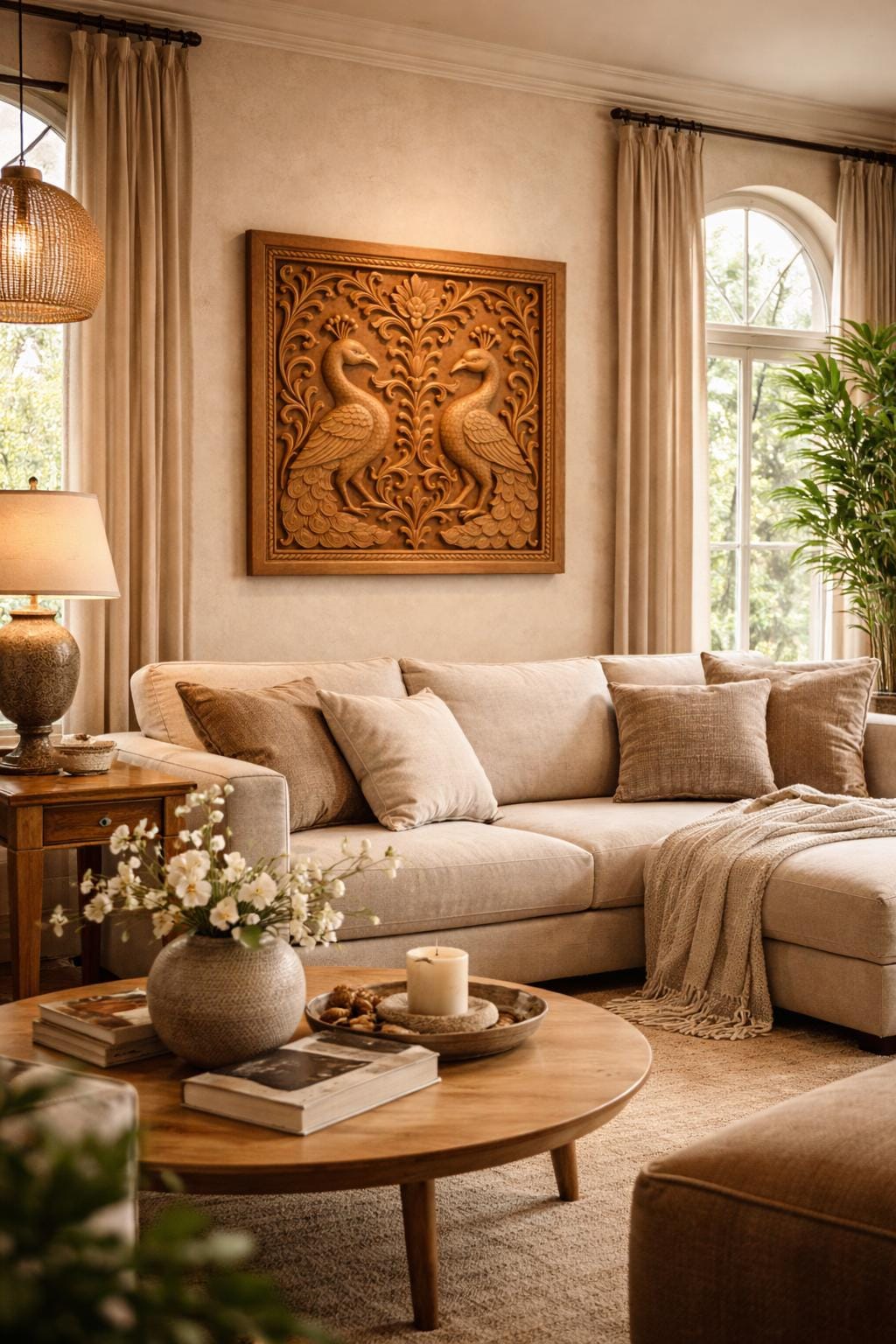 Peacock Mandala Wall Art - Golden Line Panel