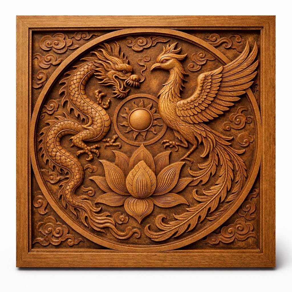 Dragon Phoenix Lotus Wooden Wall Art | Feng Shui Decor