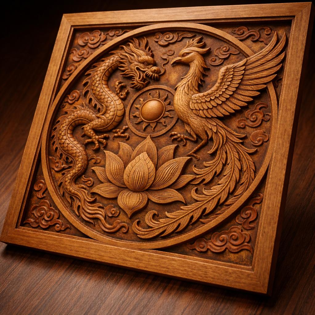 Dragon Phoenix Lotus Wooden Wall Art | Feng Shui Decor