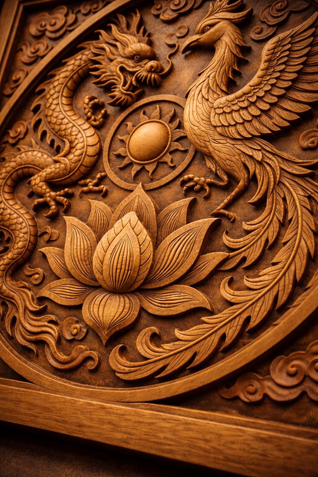 Dragon Phoenix Lotus Wooden Wall Art | Feng Shui Decor