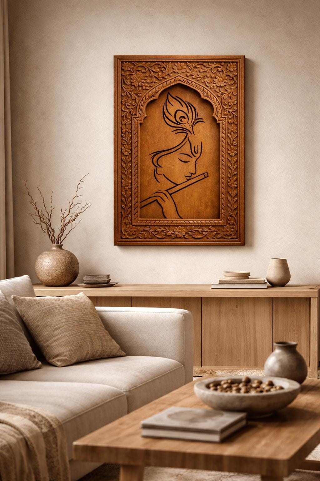 Teak Wood Krishna Wall Art | Minimalist Mandir Decor