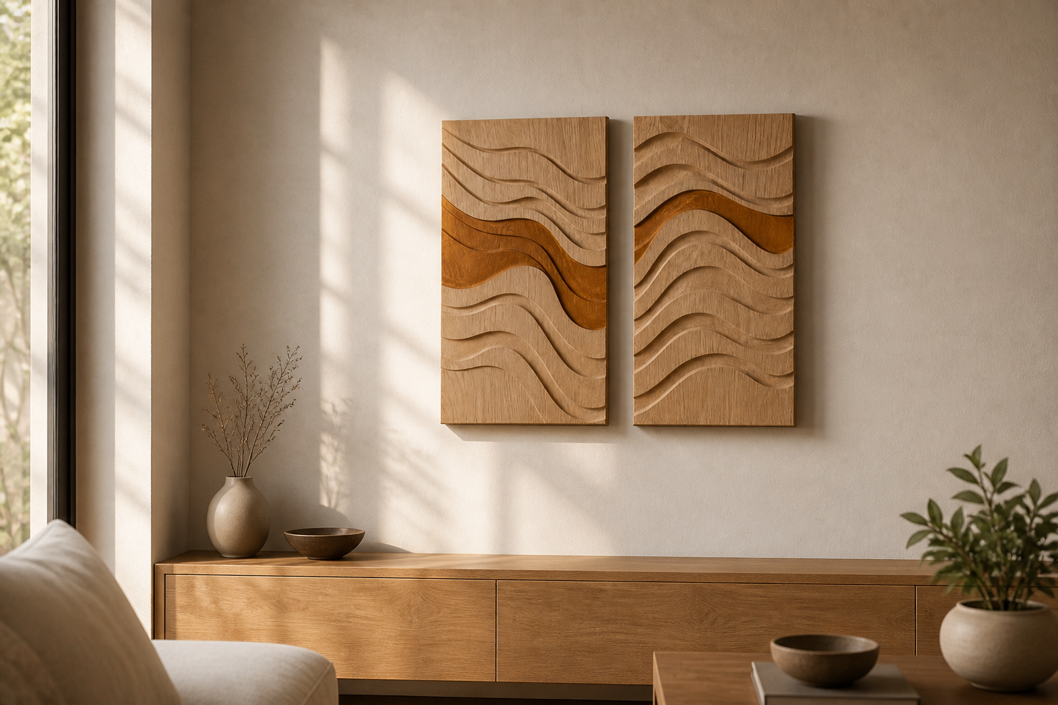 Ochre Tide Wood Diptych — Room view