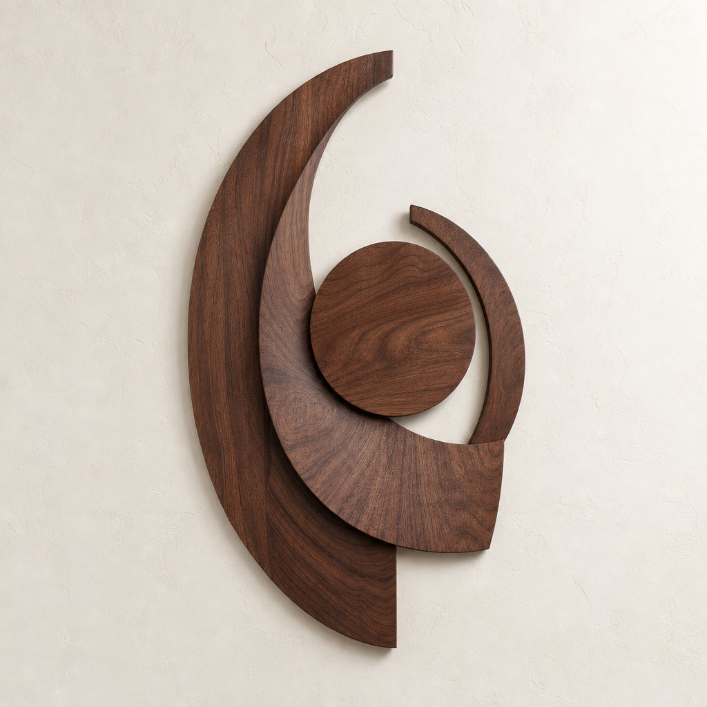 Lunar Arc wood wall relief in a walnut-tone finish