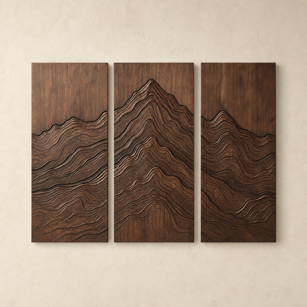 Three-panel Mountain Contour wood wall artwork