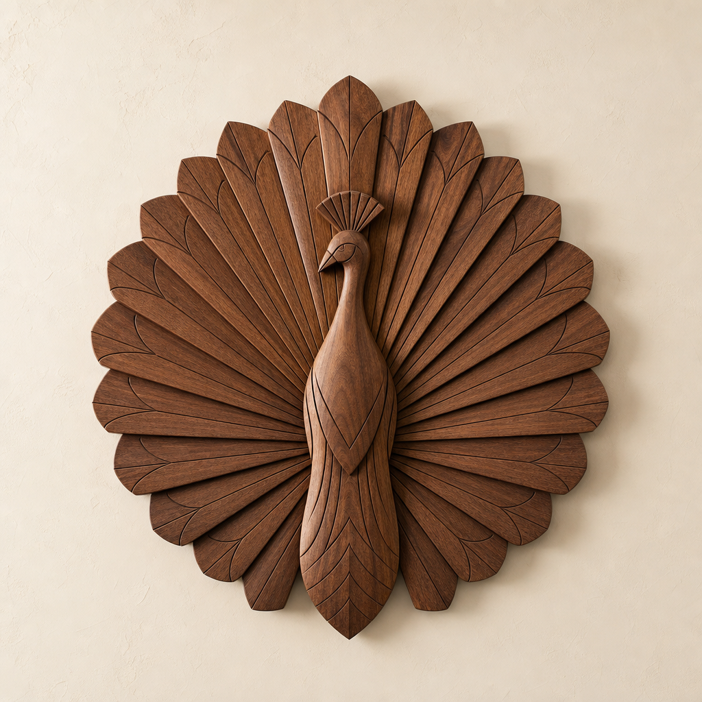 Layered Peacock Fan wood wall relief