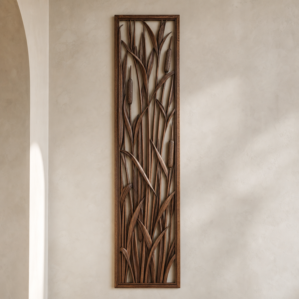 Tall Reedline Botanical carved wood wall panel